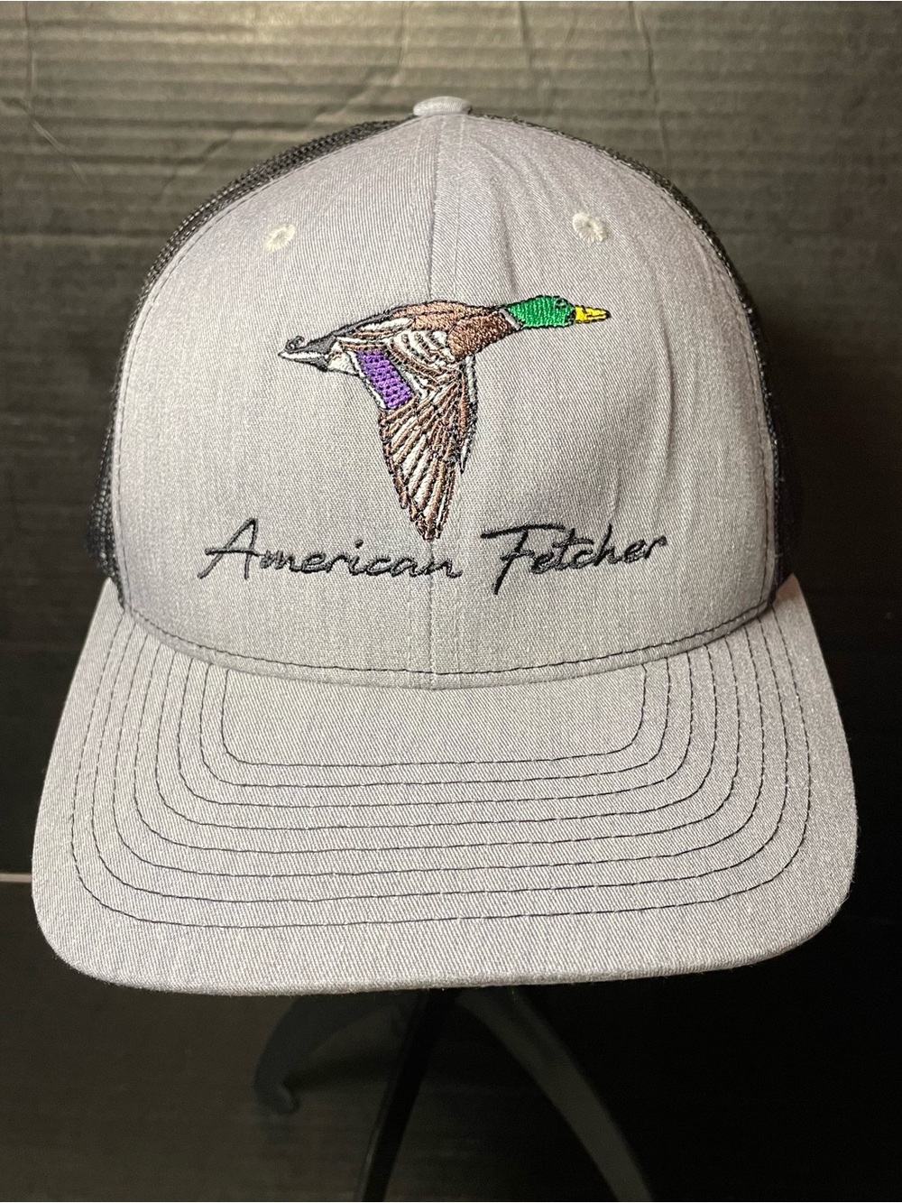 American Fetcher  Grey Trucker Hat with Embroidered Mallard